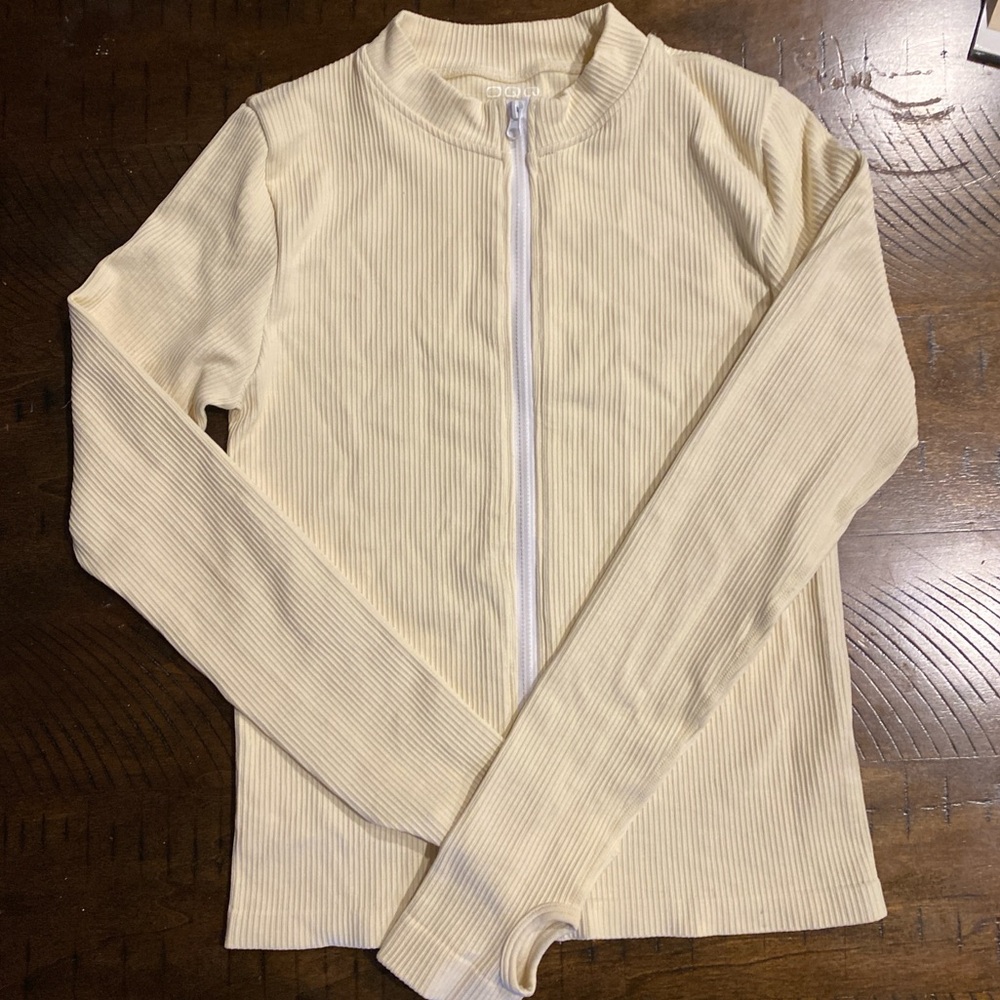 Cream Ribbed Zip-Up Jacket